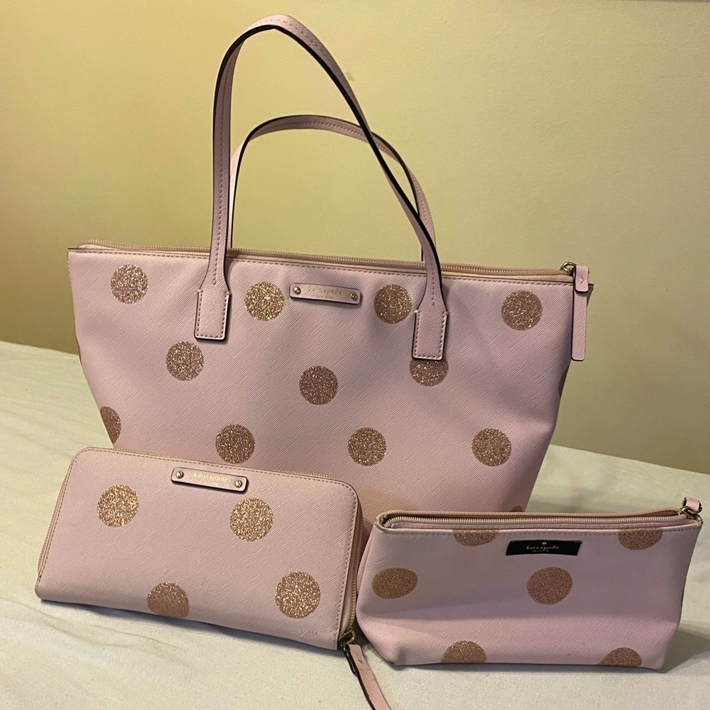 Kate Spade Haven Lane Blush with Glitter Polka Dots Purse with Wallet Set